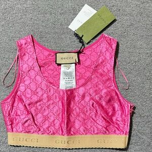 Gucci Hot Pink Logo Jacquard Crop Bralette with Beige Band